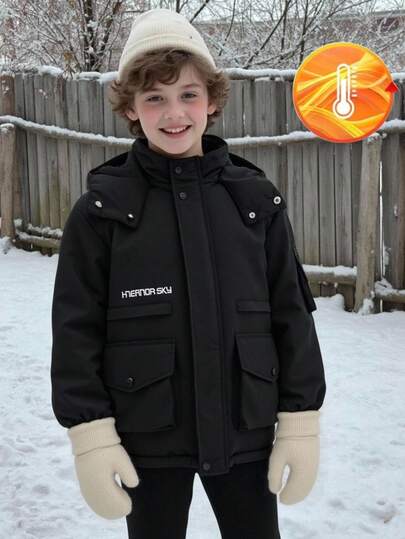 SHEIN 男童宽松休闲简约舒适连帽套头衫，带大口袋和字母印花，加厚面料，适合秋冬季节穿着。