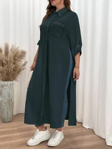 SHEIN Essnce 大码衬衫裙、黑色连衣裙、高开叉长袖连衣裙、长袖衬衫、黑色连衣裙、葬礼、长袖连衣裙 - 墨綠色 - 查看 5
