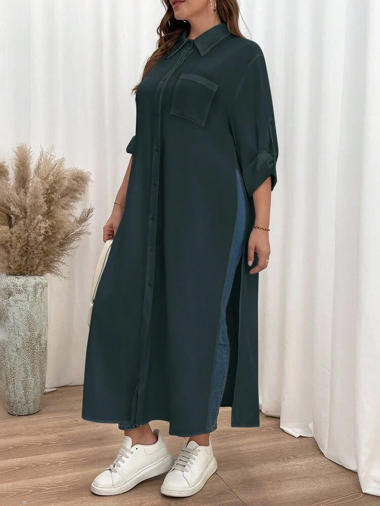 SHEIN Essnce Plus-Size Shirt Dress, Black Dress, High-Slit Long-Sleeved Dress,Long Sleeve Shirt Black Dress Funeral,Long Sleeve Dress - Dark Green - View 5