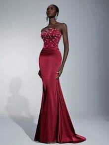 Elitara Elegante vestido largo de sirena con cintura fruncida, con adornos de strass hechos a mano y sin tirantes, adecuado para citas, vacaciones, bodas y eventos formales - Burdeos - Ver 5
