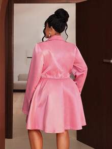 Maweii 大码女式纯色翻领长袖双排扣优雅连衣裙 - 珊瑚粉 - 查看 3