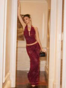 Poéselle 时尚酒红色亮片性感露背吊带上衣，适合女士，优雅派对、圣诞节、新年等场合，尽显高贵气质，适合秋冬季节穿着。 - 酒紅色 - 查看 6