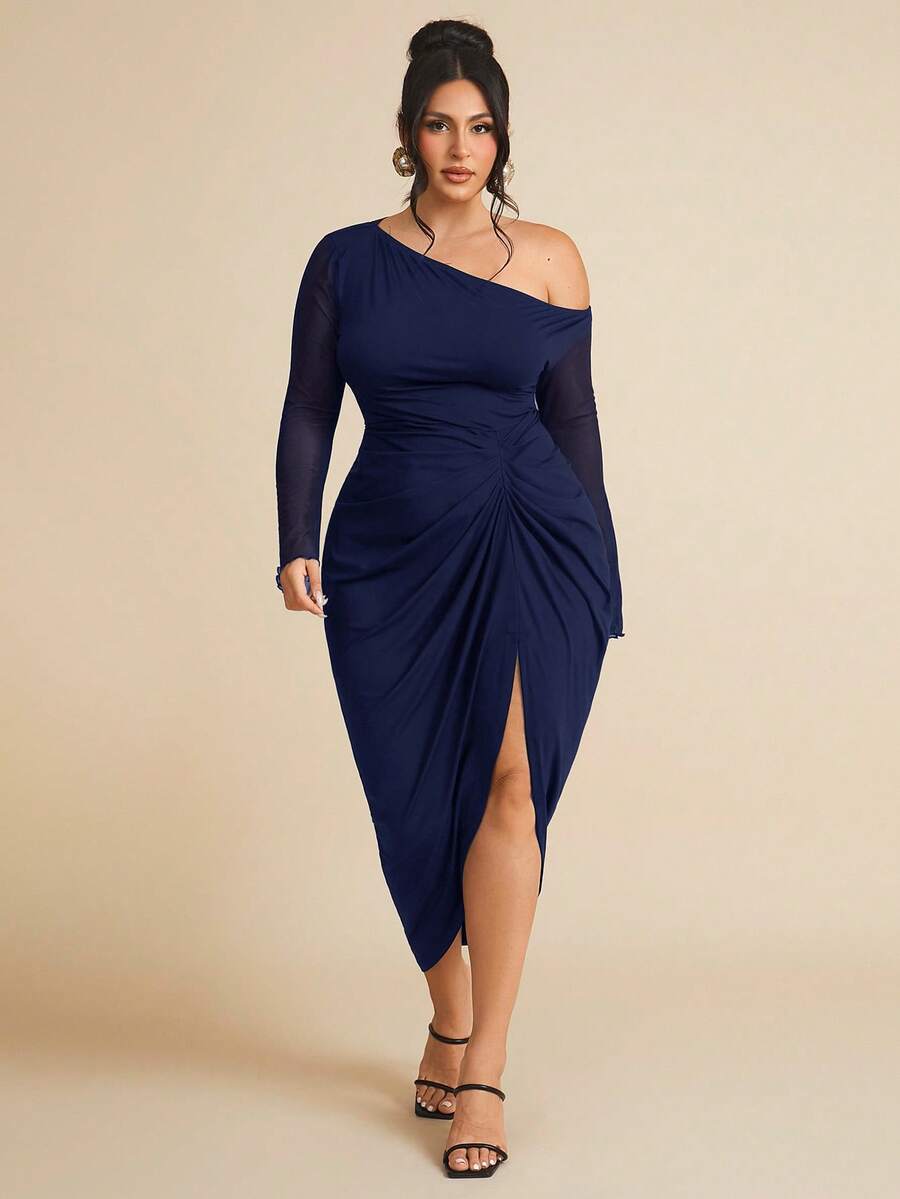 SHEIN BAE Plus Size Women Ruched Mesh Long Sleeve Semi-Sheer Dress Fall - Navy Blue - View 1
