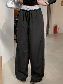 FRIFUL 女士纯色腰带撞色蕾丝面料撞色刺绣字母宽松直筒裤，休闲百搭长裤，秋冬 - 黑色 - 查看 5