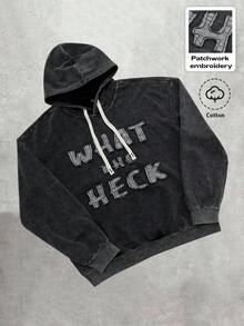 Manfinity Roghcode Men's Dark Grey Cotton Hoodie,Minimalist Streetwear Pullover Sweatshirt With Contrast Embroidery,Autumn Holiday Back-To-School Snowflake Texture Gift - Black - View 4