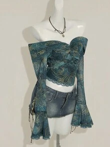 SHEIN ICON Fall Women's Western Boho Teal Green Bell Sleeve Off Shoulder Paisley Pattern Casual Long Sleeve Fitted Vintage Top