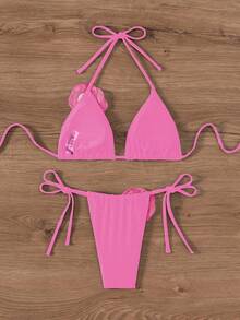 Swim Chiccia Summer Beach Appliques Halter Triangle Tie Side Bikini Set - Pink - View 2