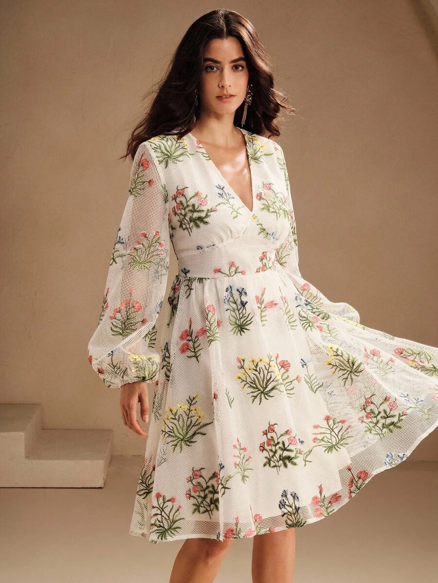 Anewsta Vestido de noche bohemio para mujer, vestido de graduación con escote en V, vintage, vestido de fiesta con estampado floral, vestido de novia - Blanco - Ver 1