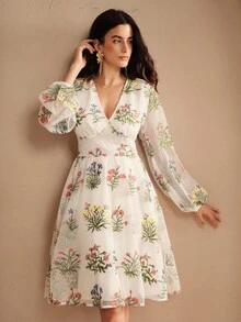 Anewsta Vestido de noche bohemio para mujer, vestido de graduación con escote en V, vintage, vestido de fiesta con estampado floral, vestido de novia - Blanco - Ver 6