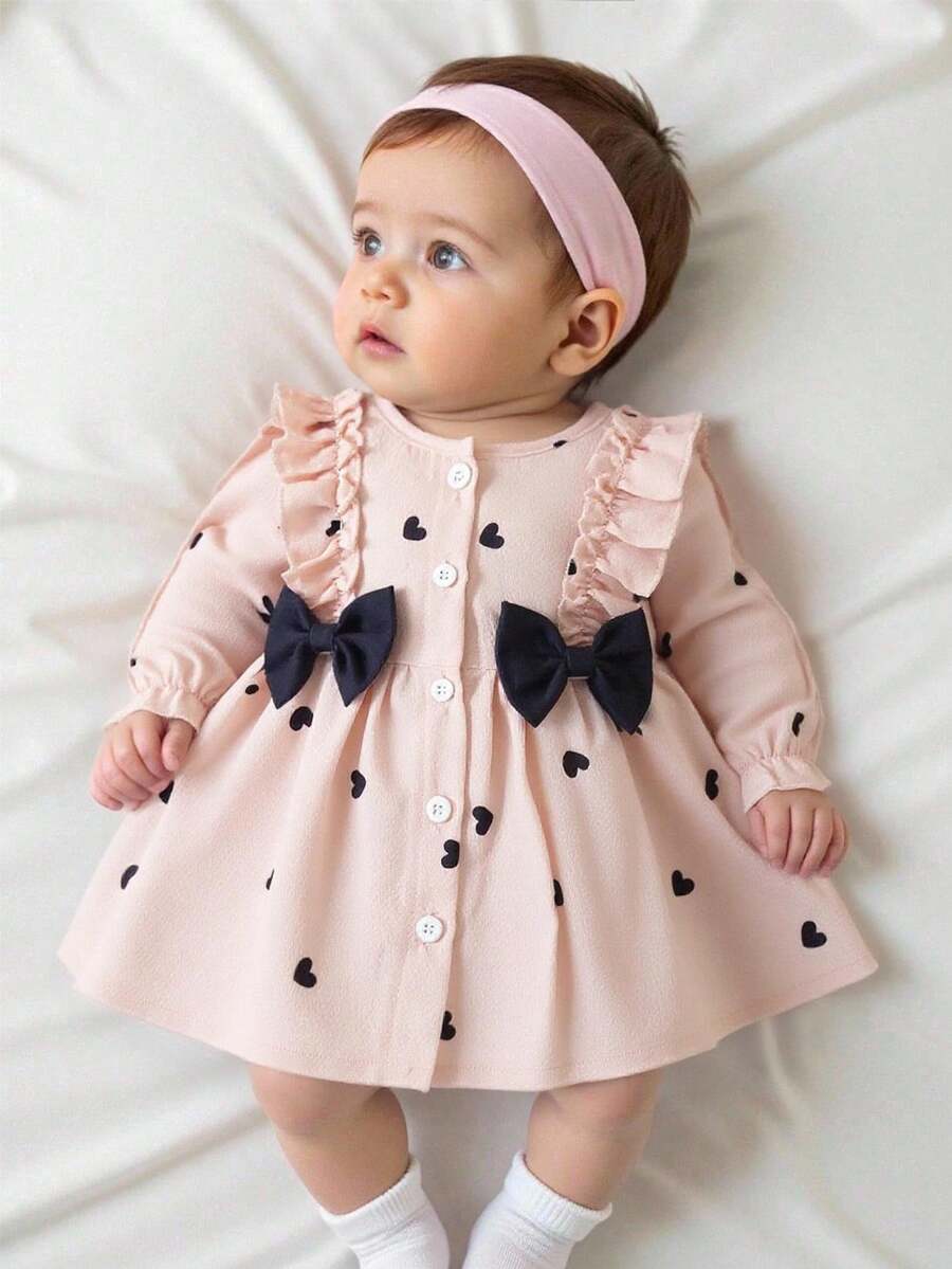 SHEIN Vestido elegante y lindo de manga larga con cuello redondo, volantes, estampado de cerezas de dibujos animados y moño rojo para bebé niña recién nacida, adecuado para todas las estaciones, nuevo estilo - Caqui - Ver 1