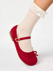 ROMWE Kawaii 女士棕色乐福鞋、包头玛丽珍鞋、蝴蝶结蕾丝洛丽塔平底鞋、芭蕾平底鞋 - 紅色 - 查看 3