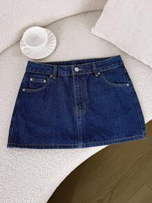 Comfortcana Women's Denim Mini Skirt, Y2K Style, Concert, Back To School - Dark Wash - View 4