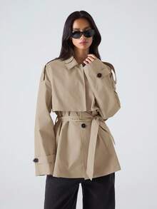 LYSMO 女式休闲单排扣收腰风衣，秋季 - 卡其色 - 查看 5