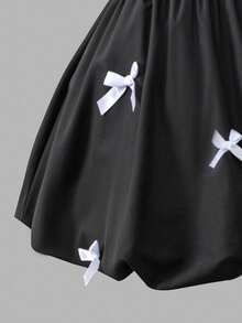 青少年女孩吊带束腰可爱蝴蝶结装饰泡泡袖裙子 - 黑色 - 查看 3