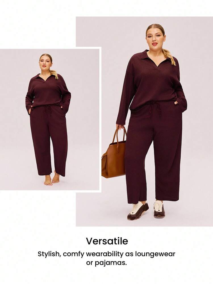 크리스마스 & 새해 잠옷 플러스 사이즈 여성용 부드러운 레드 & 버건디 코튼 와플 기본 긴팔 & 긴 바지 라운지웨어 포켓이 있는 2피스 잠옷 세트 포켓이 있는 란제리 바지 가을 잠옷 의류 매칭 세트