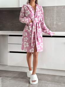 EURMUSE Flower&Smile Print Dual Pocket Hooded Belted Robe - Pink - View 3