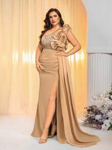 Glamrae Plus Size Beaded Patchwork Knit Fabric, Ruffle Hem, Sequin Decor, Green Asymmetric Shoulder Formal Evening Gown (Heavy Embellished) - Apricot - View 6