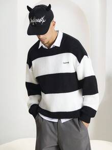 Manfinity Roghcode Suéter casual de hombre de manga larga con caída de hombros, con estampado de letras y rayas, para otoño - Blanco y Negro - Ver 5