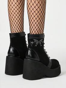 ROMWE Grunge Punk Giày bốt cổ cao đế dày buộc dây dành cho nữ, giày bốt đế dày thêu họa tiết phong cách Gothic Punk bằng da lộn - màu đen - Xem 5