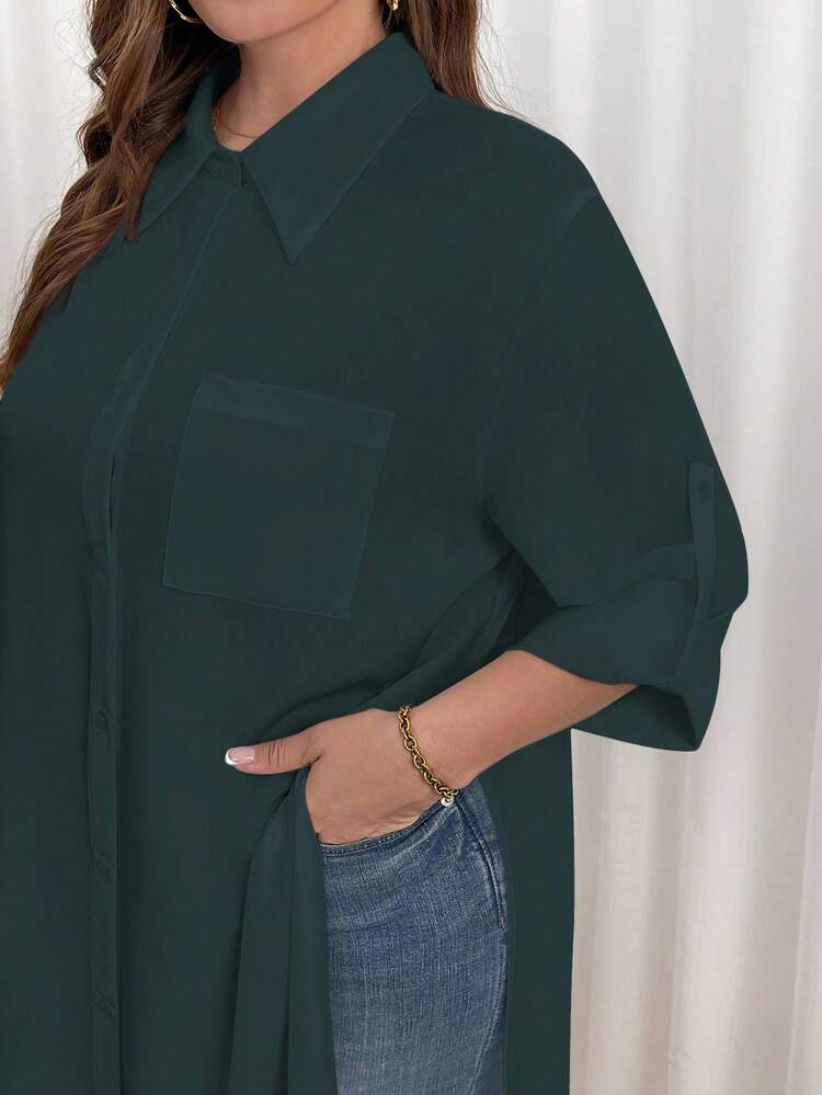 SHEIN Essnce Plus-Size Shirt Dress, Black Dress, High-Slit Long-Sleeved Dress,Long Sleeve Shirt Black Dress Funeral,Long Sleeve Dress - Dark Green - View 6