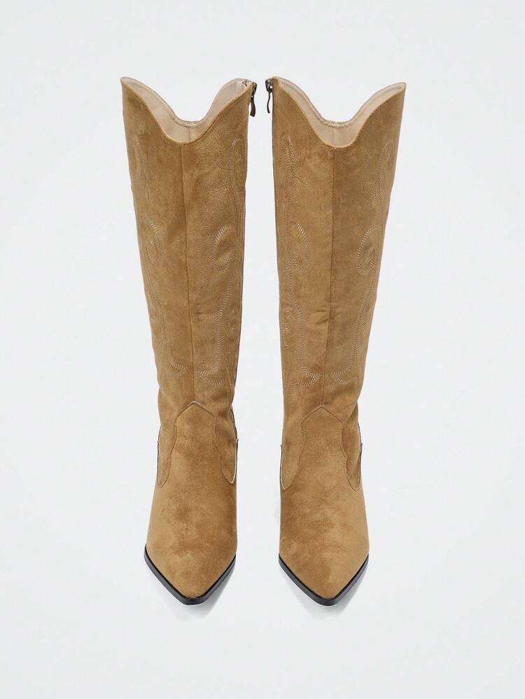 Women's Pointed Toe Chunky Heel Patterned Tall Boots, Suede Western Boots, Slimming Knee-High Boots