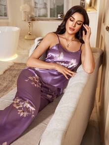 LuxeNights 女士花卉印花吊带背心和裤子睡衣套装 - 紫色 - 查看 6