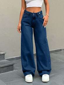 EURMUSE Low Waist Button Detailed Snow Wash Straight Cut Jean - Dark Wash - View 6