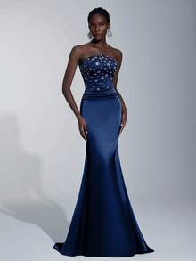 Elitara Elegant Handmade Rhinestone Embellished Strapless Mermaid Tail Dress With Ruched Waist,Perfect For Weddings,Formal Events,Galas,Dates And Vacations - Navy Blue - View 6