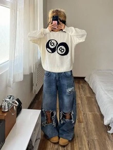 StreetHx Streetwear Women Solid Color Jacquard Billiards Casual Long Sleeve Sweater Top Knit Pullover Fall Winter - White - View 4