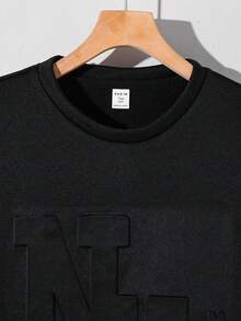 SHEIN 青少年男孩基本款黑色圓領壓紋字母寬鬆冬季衛衣，返校、畢業、秋季、街頭休閒圖案街頭時尚 - 黑色 - 查看 4