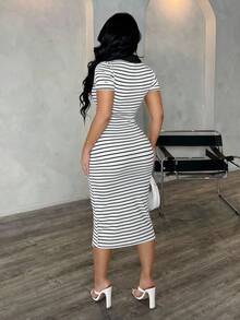 SHEIN SXY 女士休闲简约时尚通勤风格短袖黑白条纹 Polo 衫连衣裙，针织高弹修身中长连衣裙，法式优雅连衣裙 - 黑色 - 查看 4