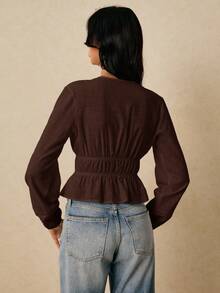 Poéselle 女士休闲通勤简约纯色 V 领灯笼袖前结短款上衣，春秋装