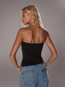 TRNVIE 1 chiếc áo ống hở lưng màu đen phong cách Mỹ thường ngày dự tiệc năm mới đính sequin chắp vá gợi cảm lãng mạn gợi cảm dành cho nữ - màu đen - Xem 2