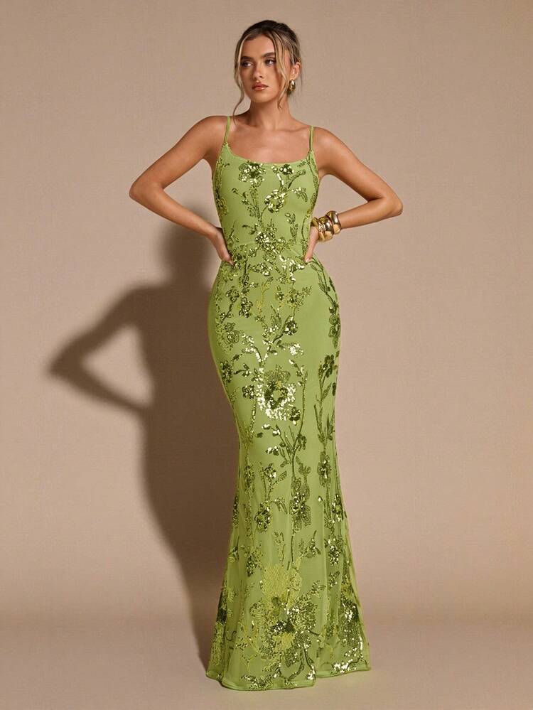 SHEIN BAE Vestido maxi con tirantes de lazo, espalda descubierta, bordado floral 3D y lentejuelas en color verde sólido para primavera/verano, vestido de vacaciones, vestido para cita de San Valentín, vestido de dama de honor, vestido de gala de cumpleaños con lentejuelas, vestido maxi con espalda descubierta, adecuado para fiesta, discoteca y ocasión formal - Verde - Añade 5