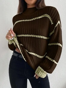Celisse Striped Pattern Casual Versatile Stand Collar Long Sleeve Pullover Sweater - Coffee Brown - View 4
