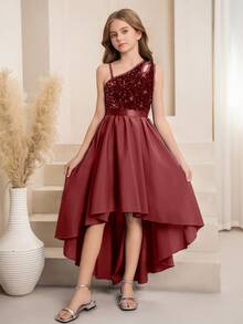 SHEIN Flower Girl & Big Girl High-End Sequin One Shoulder Cutout A-Line High-Low Asymmetrical Hem Midi Dress, Suitable For Weddings, Galas, Birthdays, Parties Fall Winter - Burgundy - View 5
