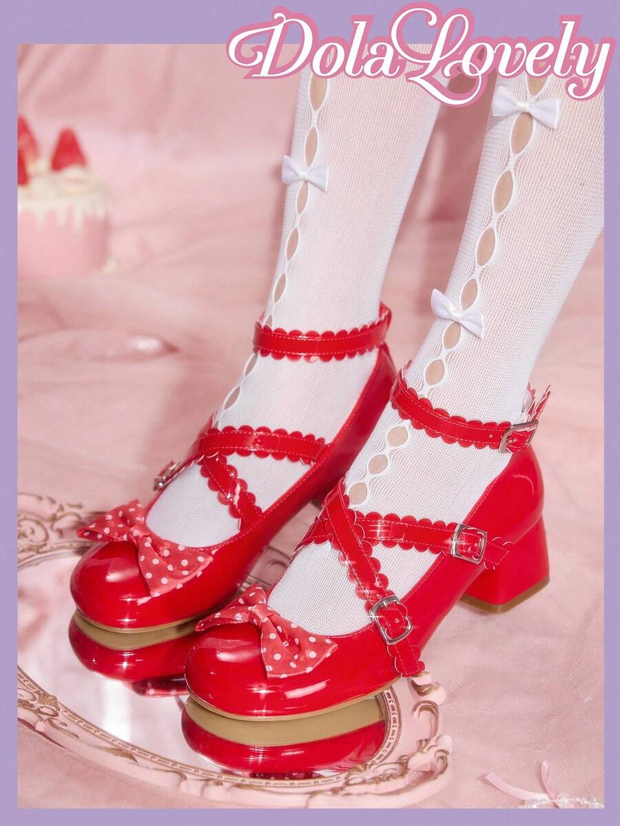 Dola Lovely 女士蝴蝶结玛丽珍鞋，圆头扣带粗跟浅口鞋，时尚百搭白色鞋子 - 紅色 - 查看 1