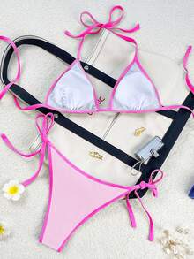 Swim Basics ملابس شاطئ صيفية للنساء، بيكيني بياقة حلقة مع لون متباين وربطة جانبية للجزء السفلي، مقاس عادي