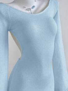 Elamini Sexy Open Back Solid Color Long Sleeve Sweater Dress - Baby Blue - View 5