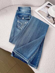 Comfortcana Embroidery Flap Pocket Flare Leg Jeans - Medium Wash - View 1