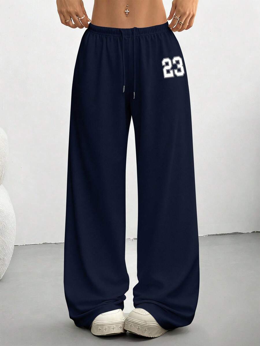 SHEIN EZwear 女式 23 图案系带宽松运动裤，日常休闲穿着，适合返校季、秋冬季 - 藏蓝色 - 查看 1