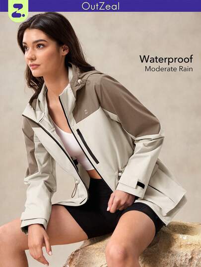 OutZeal Women Water-Resistant Multi Zip Pocket Back Mesh Drawstring Waist Color-Blocked Outdoor Rain Jacket Hiking Camping Fall