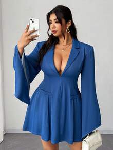 Elenzga 大码女式纯色长袖性感连衣裙 - 藍色 - 查看 4