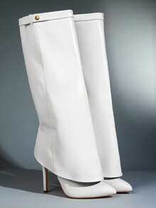 SHUZIA Botas altas hasta la rodilla con tacón de aguja y punta puntiaguda, con pliegue en la pantorrilla, de estilo glamoroso para mujer - Blanco - Ver 6