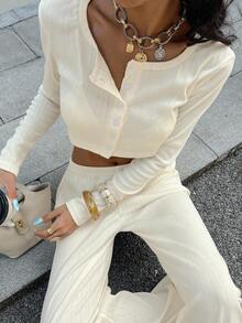Chiquease 2pcs Set: Apricot Front Button Long Sleeve Top And Elastic Waist Pants - Apricot - View 7