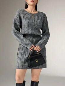 Heiryn 女式秋季扭纹落肩长袖针织连衣裙 - 深灰色 - 查看 5