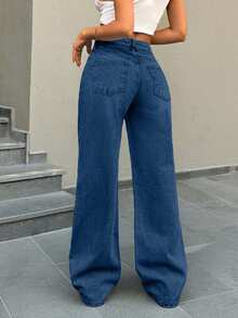 EURMUSE Low Waist Button Detailed Snow Wash Straight Cut Jean - Dark Wash - View 2