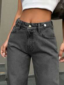 EURMUSE Low Waist Button Detailed Snow Wash Straight Cut Jean - Light Grey - View 3