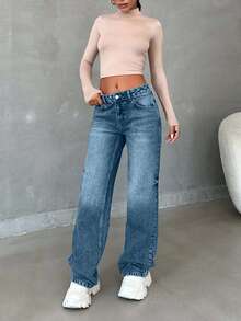 EURMUSE 100% Cotton Low Waist Wash Wide Leg Denim Jeans - Light Wash - View 3