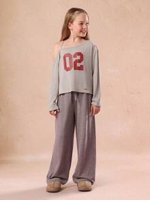 SUMWON Tween Girls Asymmetric One Shoulder Sweatshirt With Varsity Number Print And Striped Wide Leg Pants Co Ord Set For Fall Winter - Grey - View 1